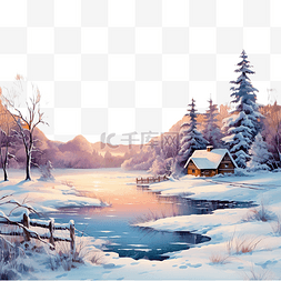 森林雪景插画图片_圣诞节风景冬日风景冬天日落明信