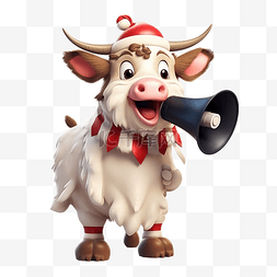 可爱的牛穿着圣诞服装拿着扩音器