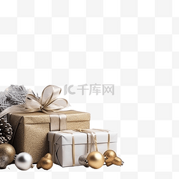 深色木板上的圣诞装饰品和礼品盒
