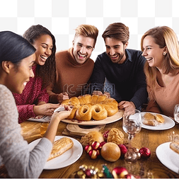 吃东西的女人图片_圣诞节庆祝活动 餐桌上的多种族