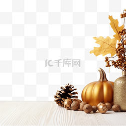 金色秋天落图片_感恩节快乐装饰，木头上有金色橡