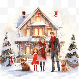 下雪家庭图片_家庭成员在屋外庆祝圣诞节