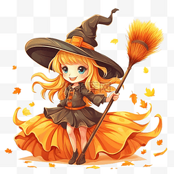 秋天落下图片_快乐的万圣节小女巫用她神奇的扫