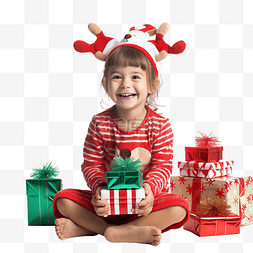 奶粉小包装图片_穿着圣诞雨鹿服装的快乐小女孩坐