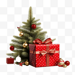 圣诞礼物和松树，红色圣诞装饰