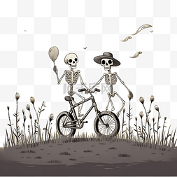 女巫骷髅图片_灰色草地上骑自行车的骷髅去参加