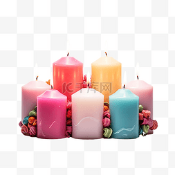 四个彩色图片_圣诞花环中四支燃烧的柔和彩色蜡
