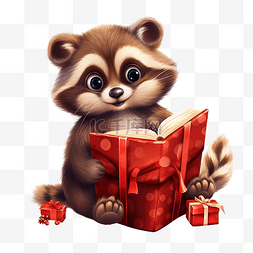 快乐阅读卡通图片_可爱的卡通圣诞浣熊阅读礼盒中的