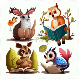 插画森林动物图片_动物读书 向量
