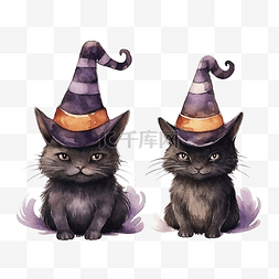 黑猫女巫图片_万圣节女巫帽子和黑猫的手绘水彩