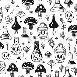 涂鸦蝴蝶节图片_神奇蘑菇黑色和白色矢量无缝模式