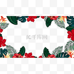 彩色花卉边框图片_热带树叶红色花卉边框