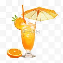 用雨伞装饰的玻璃杯中的橙色鸡尾