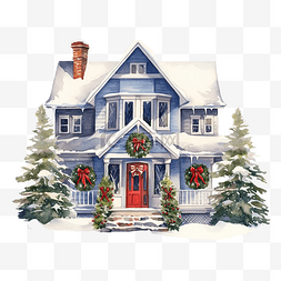 圣诞快乐冬天房子水彩插图