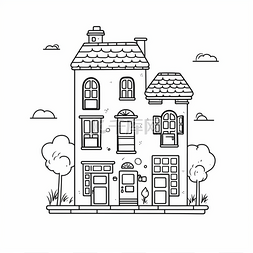 卡通房子黑白图片_在黑白着色页中绘制房子的矢量