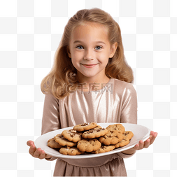 小女孩在圣诞树附近拿着饼干盘