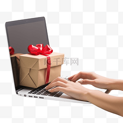键盘购物图片_女手在键盘上拿着一份礼物，笔记