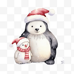 小企鹅卡通图片_圣诞节可爱的北极熊和企鹅与水彩