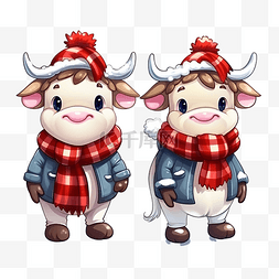 两只奶牛图片_两只穿着圣诞服装拿着雪花的卡通
