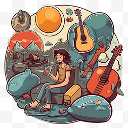 一个女孩和一把吉他坐在石头上的