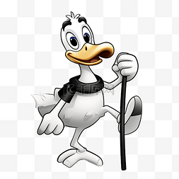 鸭子插图图片_黑白鸭子卡通人物，拄着拐杖，腿