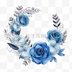 手绘玫瑰花束图片_水彩蓝玫瑰花朵花环插画