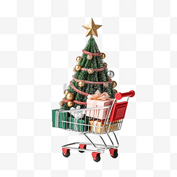 带礼物和购物车的微型圣诞树