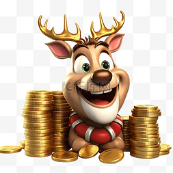 圣诞快乐卡通驯鹿与大钱硬币堆