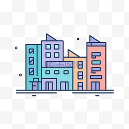 城市建筑的细线插图，颜色相互结