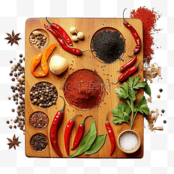 胡椒子图片_木制食物背景，厨房板上有香料和