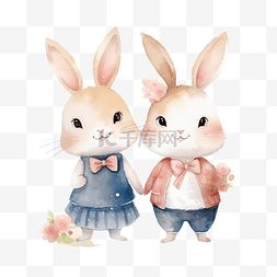 可爱的水彩兔子情侣插画ai生成