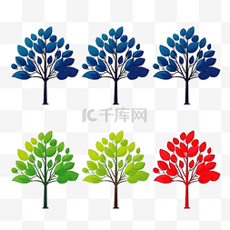 装饰性红蓝绿树线套装插图，色彩