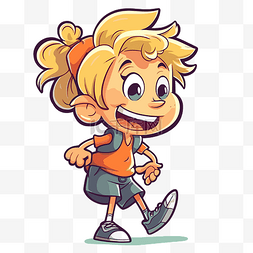 卡通女孩穿着橙色衣服到处跑剪贴