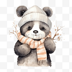 熊猫吃竹子图片_水彩可爱的熊猫动物戴着围巾和帽