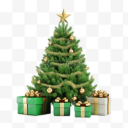 绿金图片_常青杉树和圣诞装饰品，带隔离礼