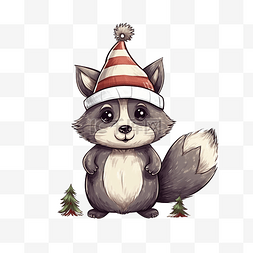 卡通浣熊动物设计图片_一只戴着帽子的浣熊站在一棵以卡