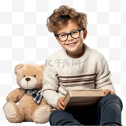 坐在餐桌旁的孩子图片_戴眼镜和泰迪熊的男孩坐在圣诞树