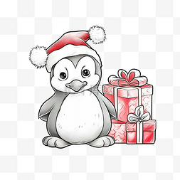 可爱的企鹅带着礼物戴着圣诞老人