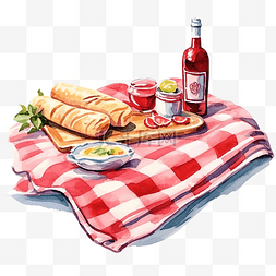 红色的毯子图片_红色沙滩巾野餐毯水彩插画
