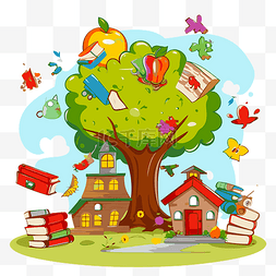 小学剪贴画学校树与书籍和学校物