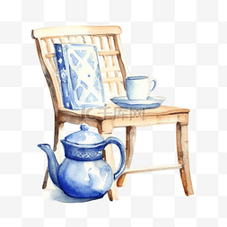 公寓3d空间图片_水彩木椅和陶瓷茶壶