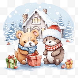冬天森林动物图片_房子附近有圣诞礼物的动物下雪的