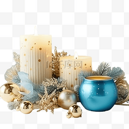 木制表面上有蜡烛和蓝色和金色装