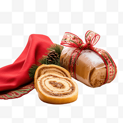 圣诞装饰旁边的 bolo de rolo 卷蛋糕