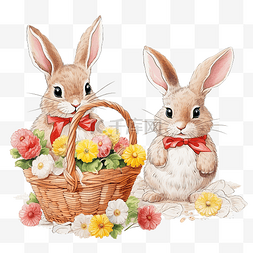 节日鸡蛋图片_小兔子和装饰着彩绘鸡蛋和鲜花的