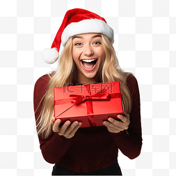 打开圣诞礼盒图片_戴着圣诞老人帽子的有趣快乐的女