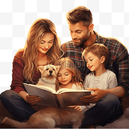 一家人阅读图片_幸福的家庭在装饰好的圣诞房间里