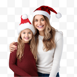 年轻快乐的女人图片_戴着圣诞帽的年轻快乐的母女