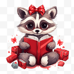 快乐阅读卡通图片_可爱的卡通圣诞浣熊阅读礼盒中的