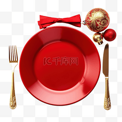 圣诞餐桌摆设，配有空红盘餐具和